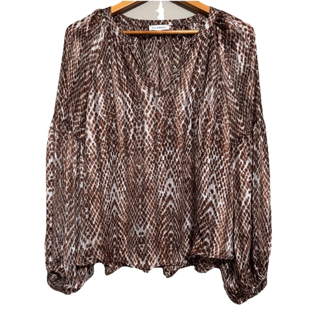 Blu Pepper Womens L Sheer Top Festival Balloon Sleeve Gold‎ Shimmer